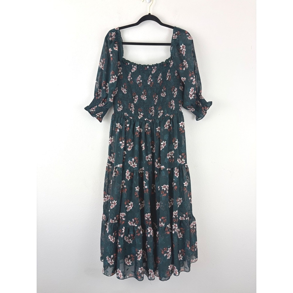 Cottagecore Green Midi XL Dress Boho Floral Feminine Smocked Tiered Chiffon
